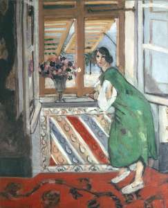 Interior at Nice: Young Woman in a Green Dress Leaning at the Window