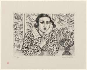 Young Girl Leaning by Flowered Screen