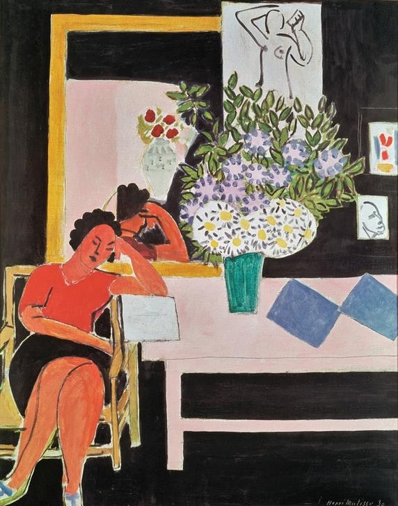 Woman reading in front of a black background von Henri Matisse