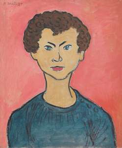 Portrait with Curly Hair, Marine Blue Sweater