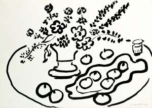 Still Life with Vase of Flowers and Plate of Fruit (drawing on paper)