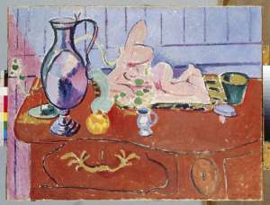 Still Life with Jug and Purple Statuette on Red Dresser