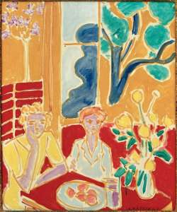 Two young girls on yellow and red background 1947