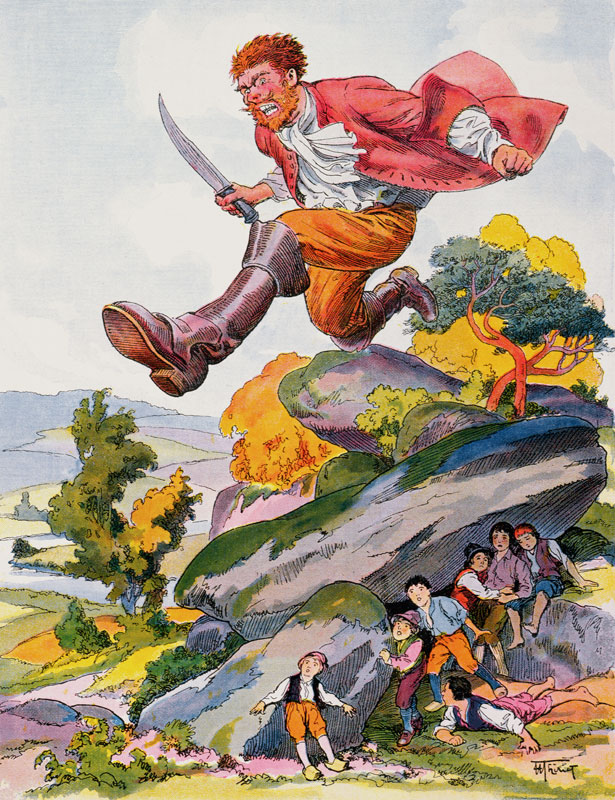 The Ogre searching for Tom Thumb and his brothers, illustration for Charles Perrault fairy tales, ed von Henri Thiriet
