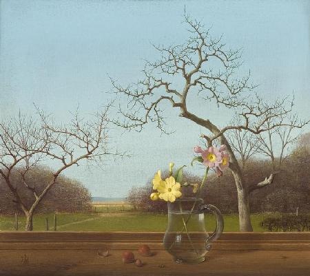 Auricle (Flower still life with hazelnuts in front of a window)