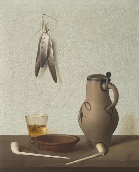 Still life with feathers and jug