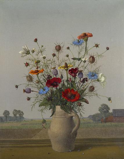 Meadow bouquet in grey jug on windowsill with water droplets