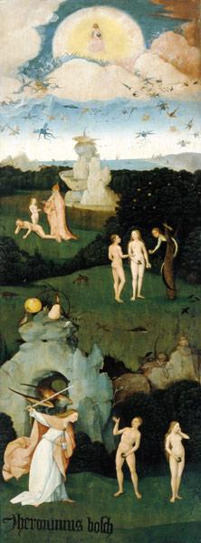 Heuwagen-Triptychon, linker Flügel - Das irdische Paradies