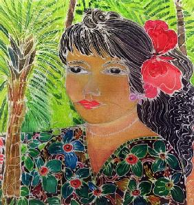 Lady with Hibiscus (coloured inks on silk) 
