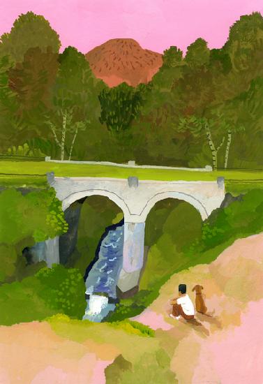 Watch the bridge with ones dog at dusk