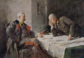 Die beiden Getreuen beim Kriegsplan, Farbdruck nach Gemälde von Hugo Vogel (altes Druckraster erkenn