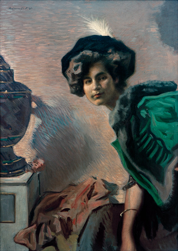 Frauenbildnis (Im grünen Dolman) von Hugo von Habermann