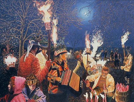 Wassailing in Herefordshire, 1995 (oil on board)  von Huw S.  Parsons