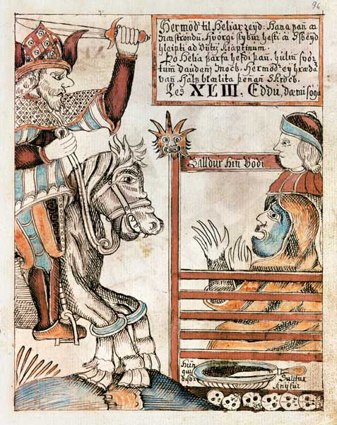 Hermod astride Sleipnir, his father''s famous eight-legged charger, at the barred gates of the Kingd von Icelandic School