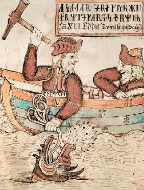 Thor fishing for the serpent of Midgard, from the boat of the giant Hymir
