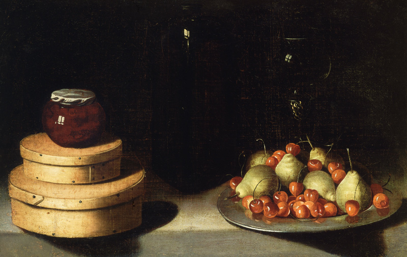 BODEGON (BANDEJA CON CERERZAS Y PERAS, CAJAS Y FRASCO DE MIEL) von Ignazio Zuloaga