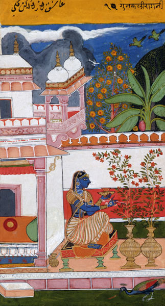 A lady picking flowers from a pot, Bundi, Rajasthan, Rajput School von Indian School