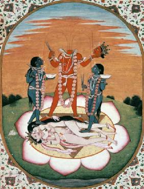 Icon of Chinnamasta, the Mahavidya arising from the joined bodies of the Originating Couple, Kangra,