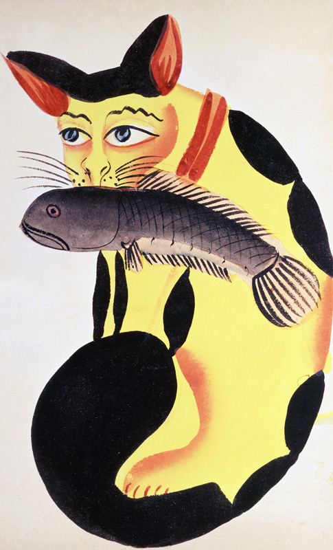 A cat with a fish in its mouth, from the Rudyard Kipling collection, Calcutta, c.1890 (w/c on paper) von Indian School, (19th century)