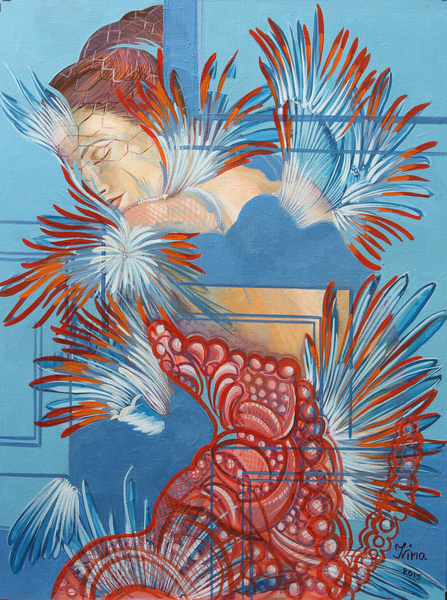 Red Dress and Chickadees von Irina Corduban