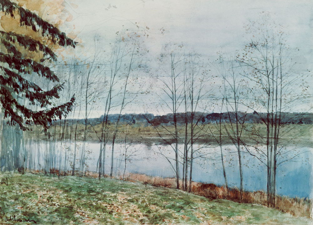 Kahle herbstliche Bäume am Wasser von Isaak Iljitsch Lewitan