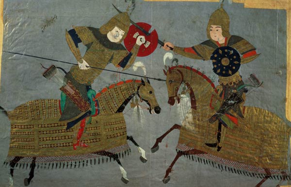 Two warriors on horseback in combat, School of Tabriz von Islamic School