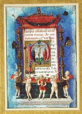 Historiated initial 'P' depicitng the Crucifixion, page from a Book of Hours (vellum) 1791