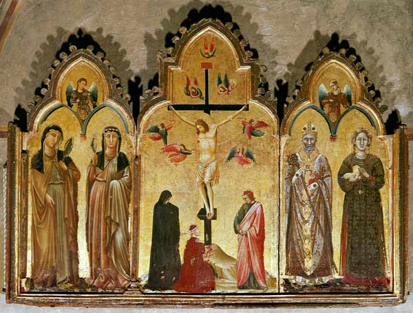 Kreuzigung mit Stifter und den Heiligen Agnes, Rufinus, Klara von Assisi und Agnes der Klarissin von Italienisch