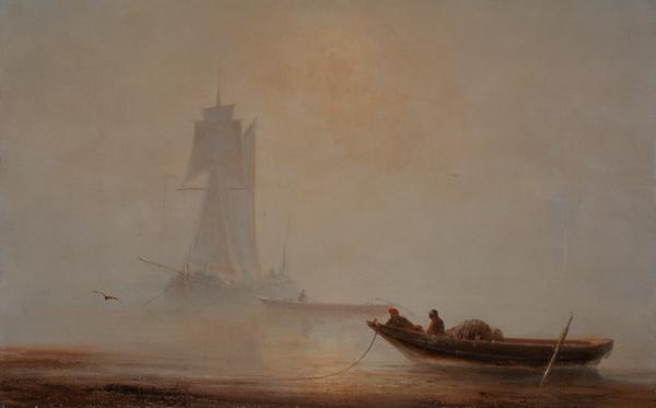 Fischerboot an der Küste in der Morgendämmerung