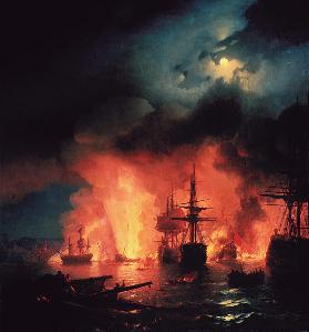 Die Seeschlacht von Çesme in der Nacht zum 26. Juni 1770