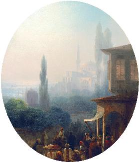 Marktszene in Konstantinopel mit der Hagia Sophia im Hintergrund