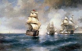 Brigg "Merkur" kämpft mit zwei türkischen Schiffe am 14. Mai 1829