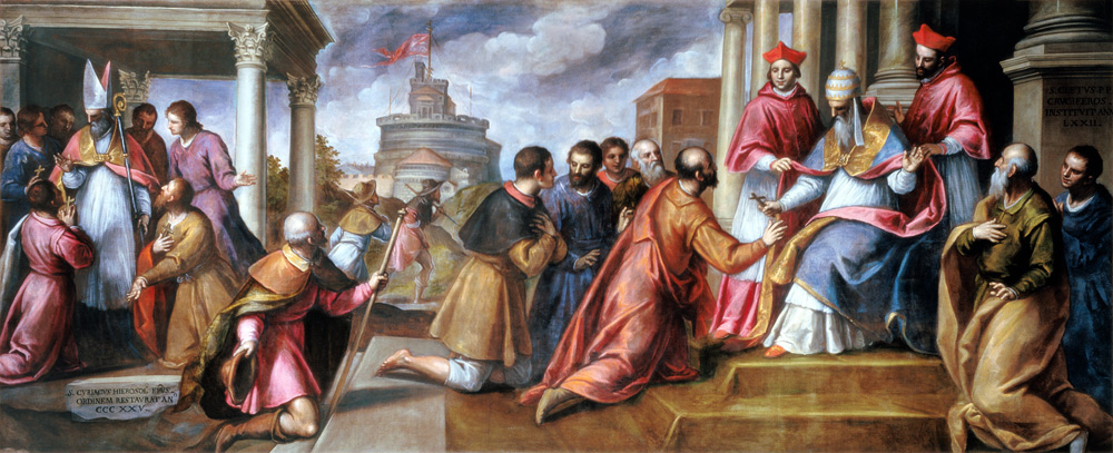 Papst Pius II. gibt im Jahre 1462 der Bruderschaft der Kreuzträger das silberne Kreuz von Jacopo Palma il Giovane