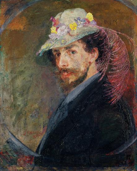 Selbstporträt in einem Hut mit Blumen, 1883