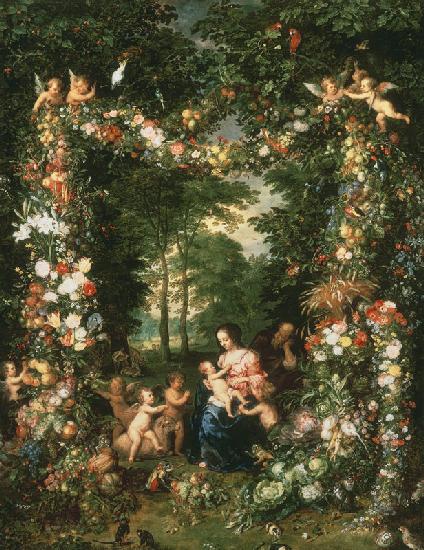 Holy Family on a garland of flowers and fruits