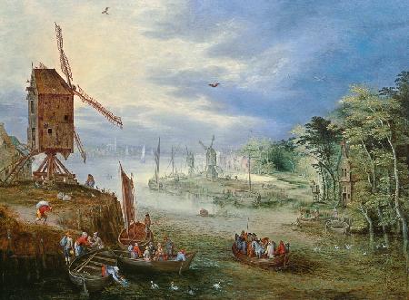 River Landscape with Windmills
