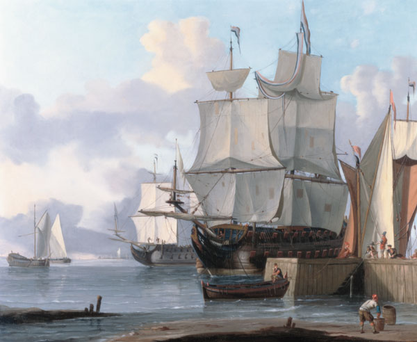 Dutch Men o'War Moored to a Quayside von Jan Claes Rietschoof