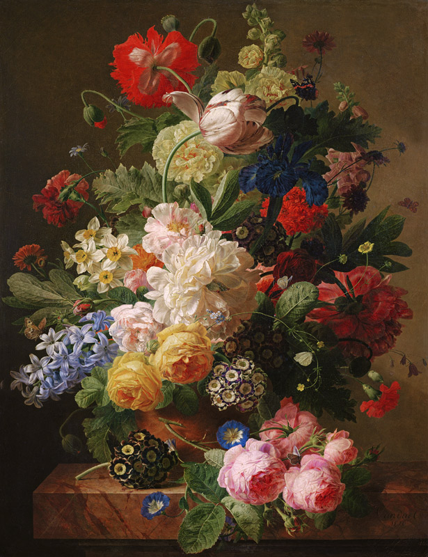 Flowers in a vase on a marble console table von Jan Frans van Dael