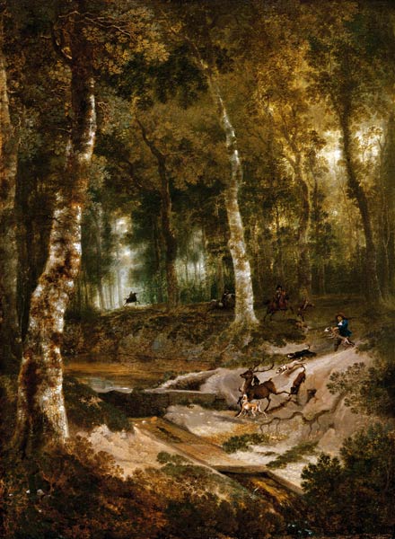Forest landscape with stag hunt von Jan Hackaert