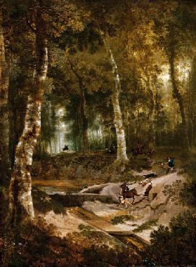 Forest landscape with stag hunt