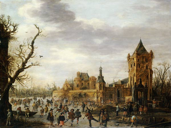 A View of Kasteel Batestein Vianen, in Winter with a Gentleman, his Wife and Retinue Watching Winter von Jan Josephsz. van Goyen