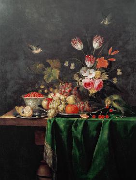 Still Life of Fruit and Flowers with a Parrot on a Table covered with a Green Cloth