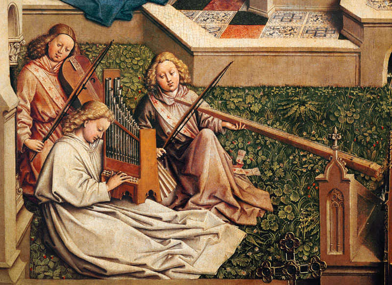 The Fountain of Grace, detail of three angel musicians von Jan van Eyck