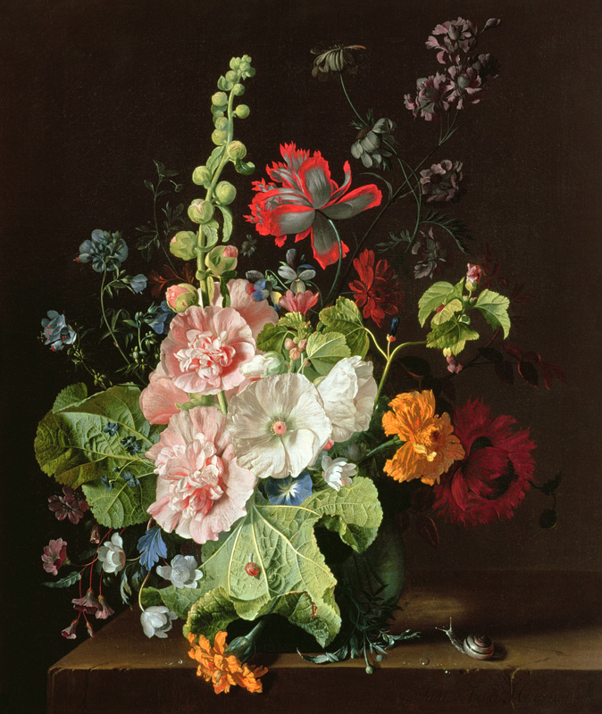 Hollyhocks and Other Flowers in a Vase von Jan van Huysum