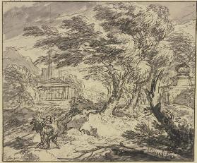 van Huysum Jan - Landschaft mit antiker Tempelarchitektur im Sturm, im Vordergrund ergreift ein Mann eine Frau mit er