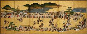 Six-fold Screen Depicting a Dog Chasing Contest, Japanese, 1624-43