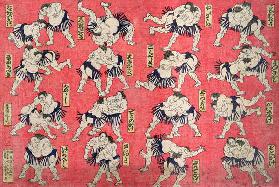 Sumo wrestlers (hand tinted wood engraving on paper)