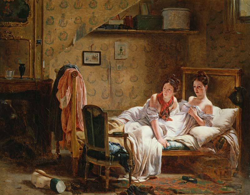 Two Women in a Bed disturbed by a Cat von Jean Alphonse Roehn