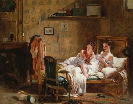 Two Women in a Bed disturbed by a Cat