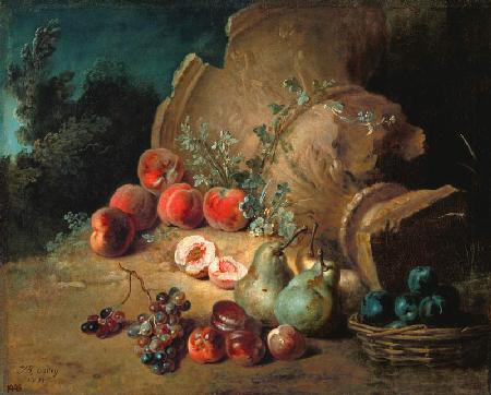 Obststillleben neben einer gestürzten Steingutvase